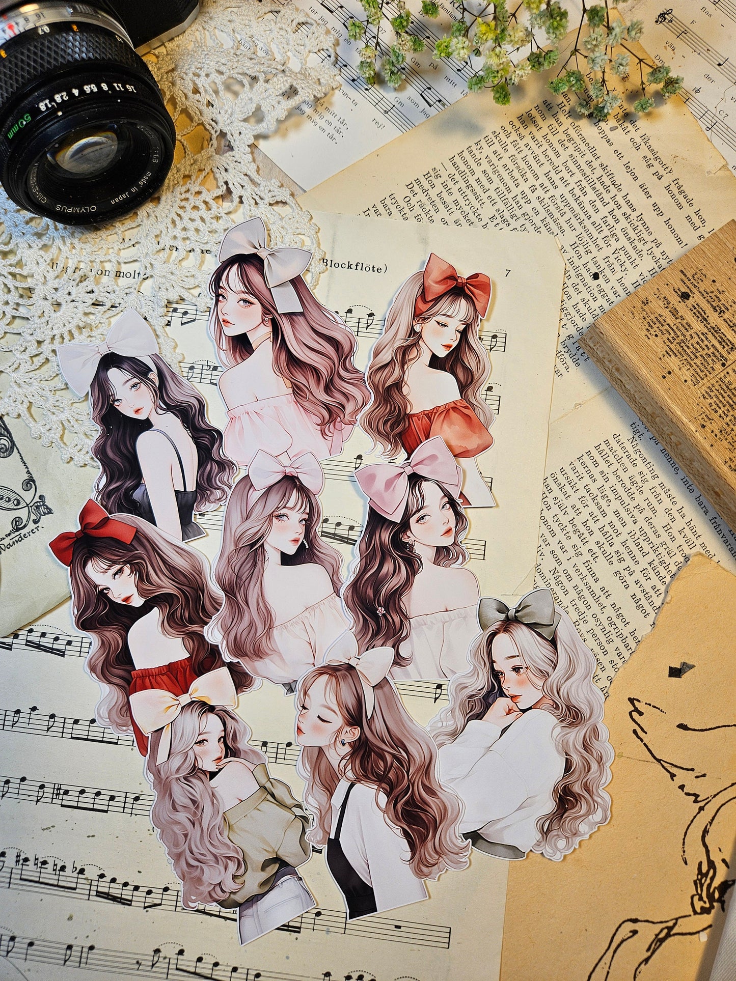 KOREAN SERIE: Girls with Bow Set of 9 Stickers | • Scrapbooking • Card Making • Art Journaling • Paper Craft • Junk Journal