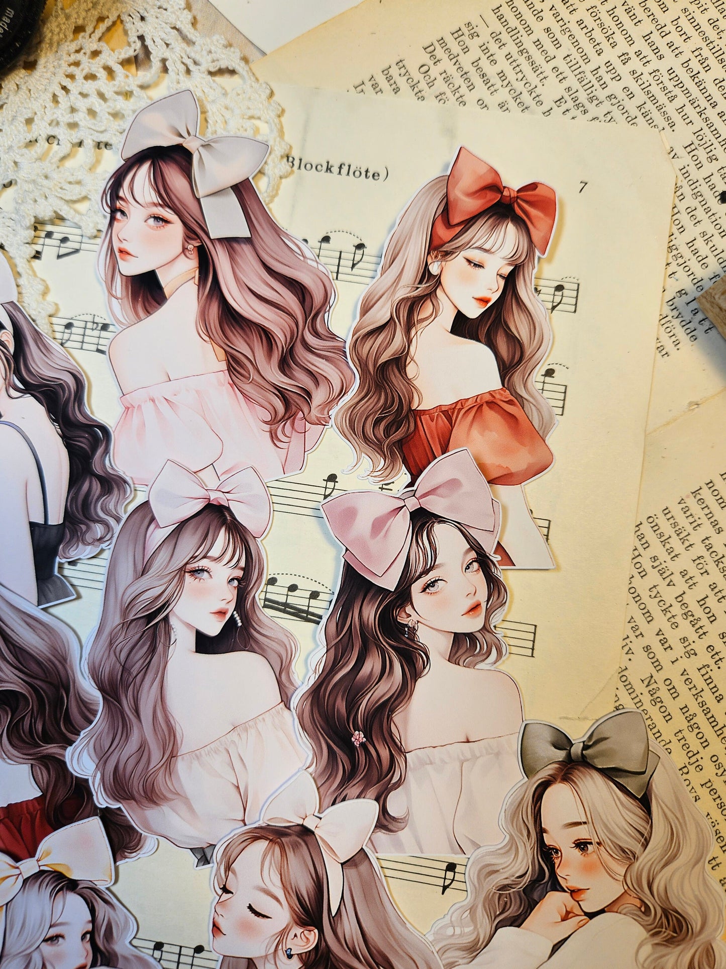 KOREAN SERIE: Girls with Bow Set of 9 Stickers | • Scrapbooking • Card Making • Art Journaling • Paper Craft • Junk Journal