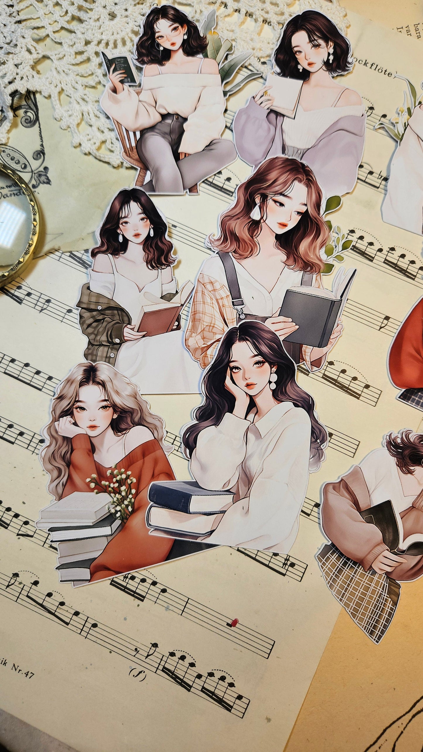 KOREAN SERIE: Reading Girls, Set of 9 Stickers | • Scrapbooking • Card Making • Art Journaling • Paper Craft • Junk Journal