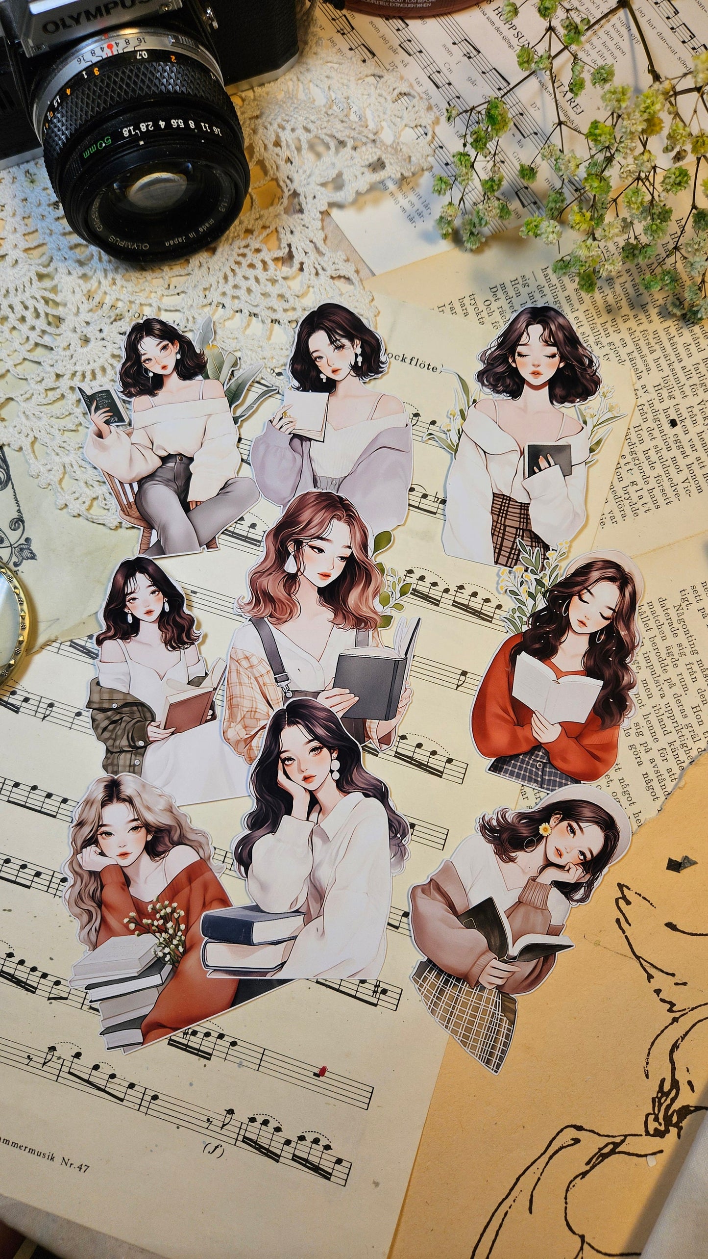 KOREAN SERIE: Reading Girls, Set of 9 Stickers | • Scrapbooking • Card Making • Art Journaling • Paper Craft • Junk Journal