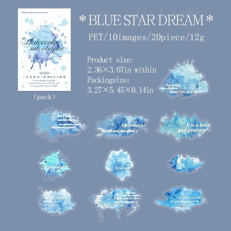 PET Stickers “Watercolor Ink Chapter” — 20 pcs | Ink Splash Quotes