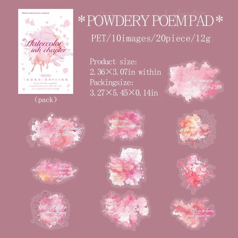 PET Stickers “Watercolor Ink Chapter” — 20 pcs | Ink Splash Quotes