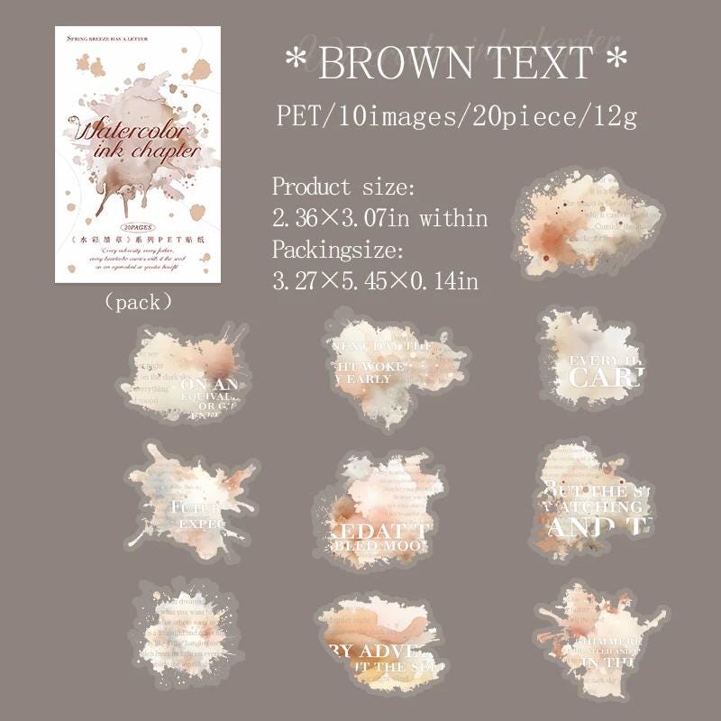 PET Stickers “Watercolor Ink Chapter” — 20 pcs | Ink Splash Quotes