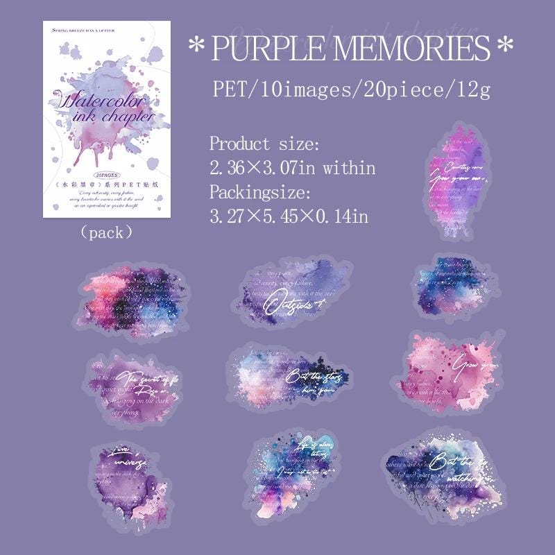 PET Stickers “Watercolor Ink Chapter” — 20 pcs | Ink Splash Quotes