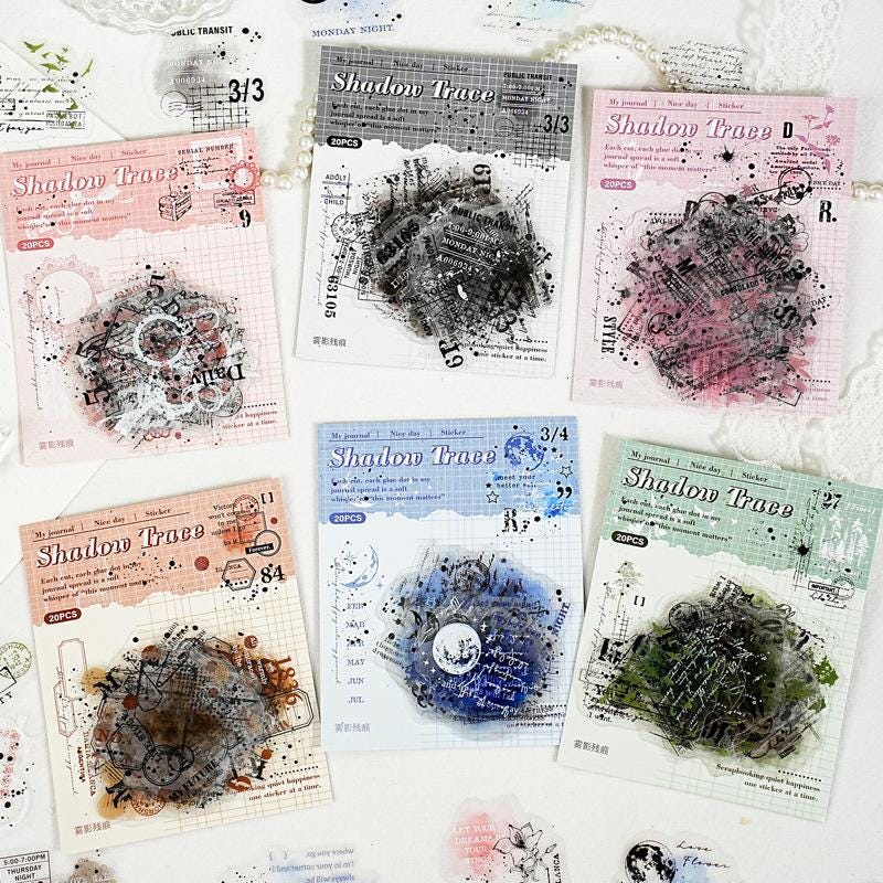 Shadow Trace PET Sticker Pack • 20 Sheets • Grunge Layering Stickers