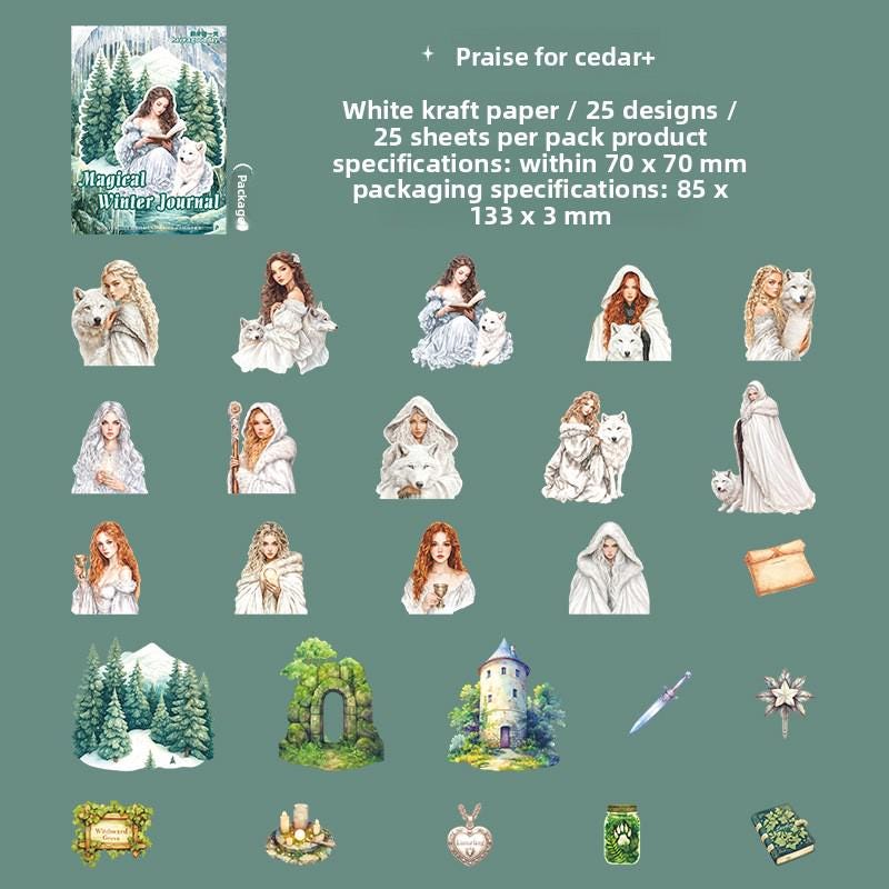 Magical Winter PET Sticker Pack • 25 Stickers • Fantasy Winter Girls, Castles & White Tigers