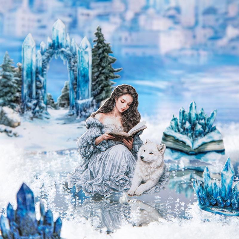 Magical Winter PET Sticker Pack • 25 Stickers • Fantasy Winter Girls, Castles & White Tigers