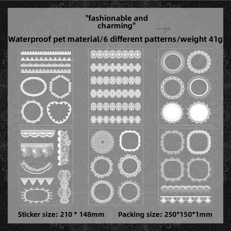 Lace PET Sticker Set • 6 Sheets • White Doilies, Frames & Borders