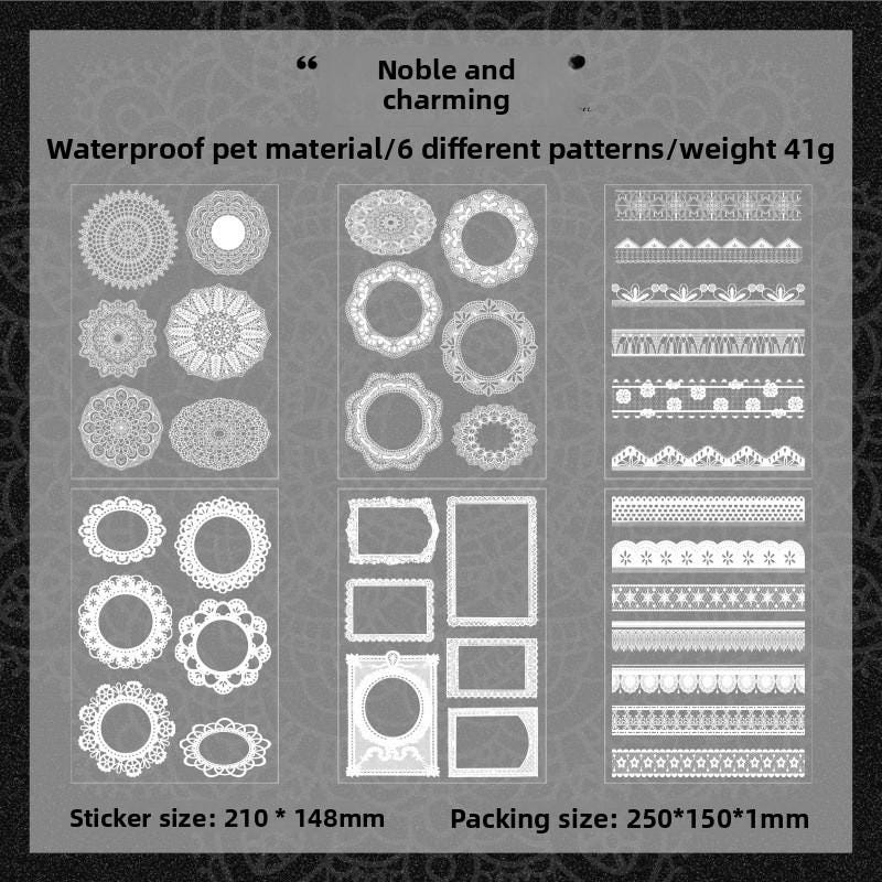 Lace PET Sticker Set • 6 Sheets • White Doilies, Frames & Borders