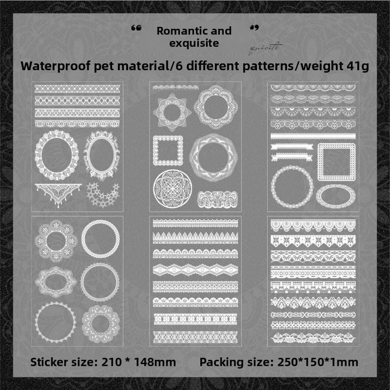 Lace PET Sticker Set • 6 Sheets • White Doilies, Frames & Borders