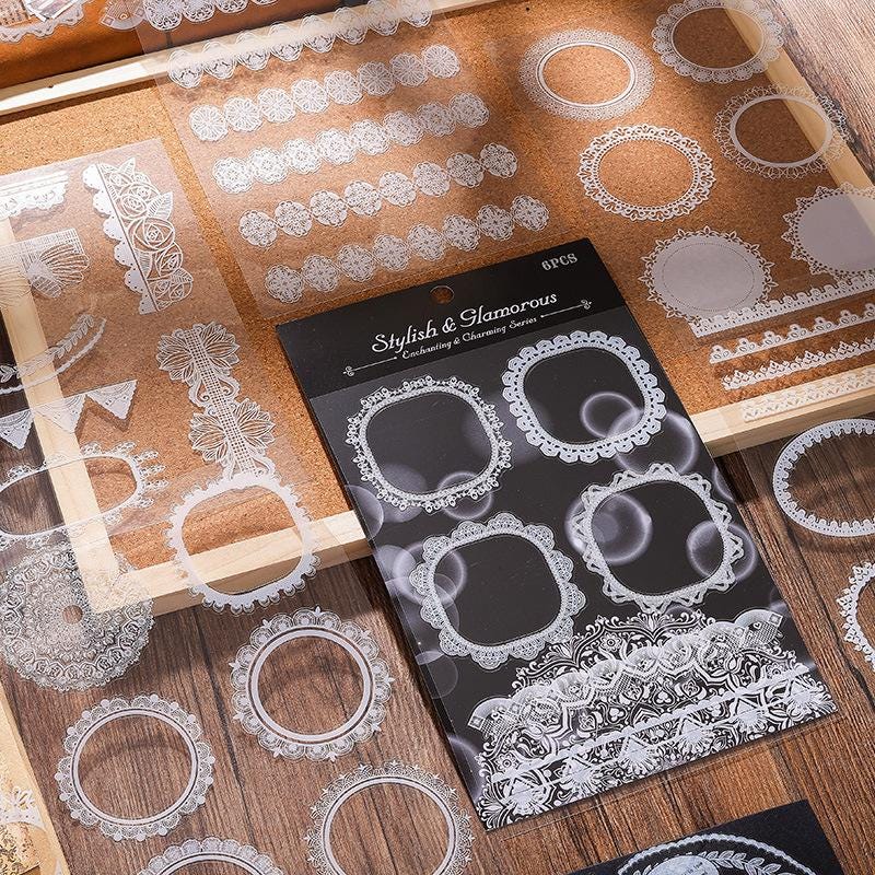 Lace PET Sticker Set • 6 Sheets • White Doilies, Frames & Borders
