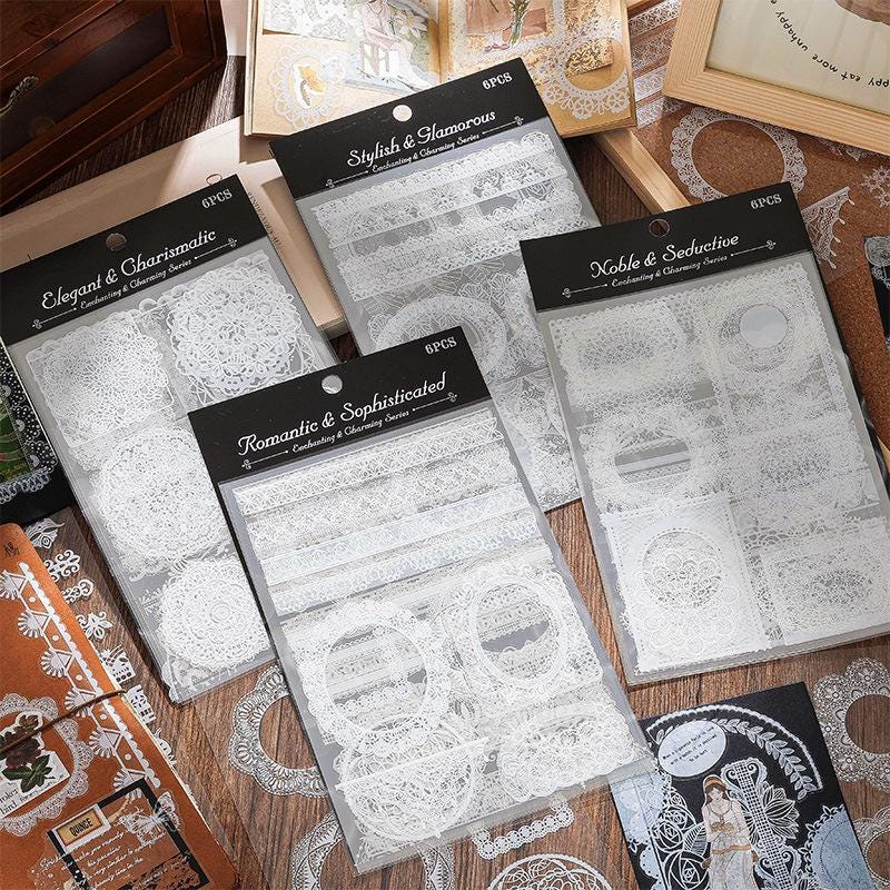Lace PET Sticker Set • 6 Sheets • White Doilies, Frames & Borders