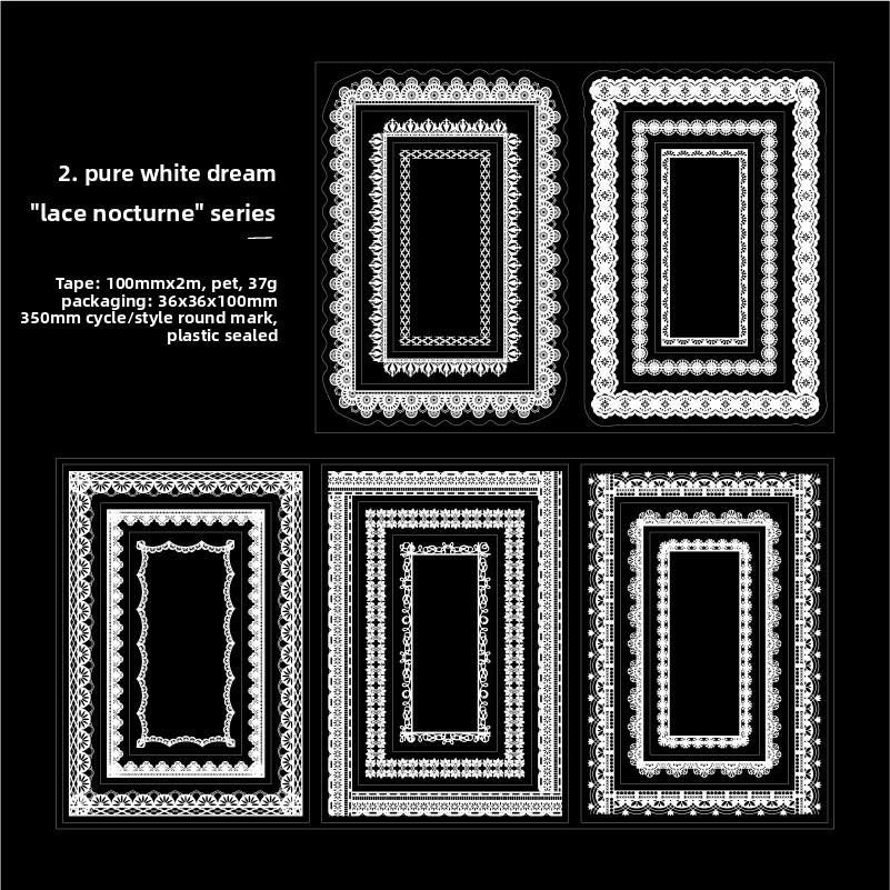 Lace Nocturne Pre-cut PET Tape • 100mm × 2m • White Lace Frames & Borders