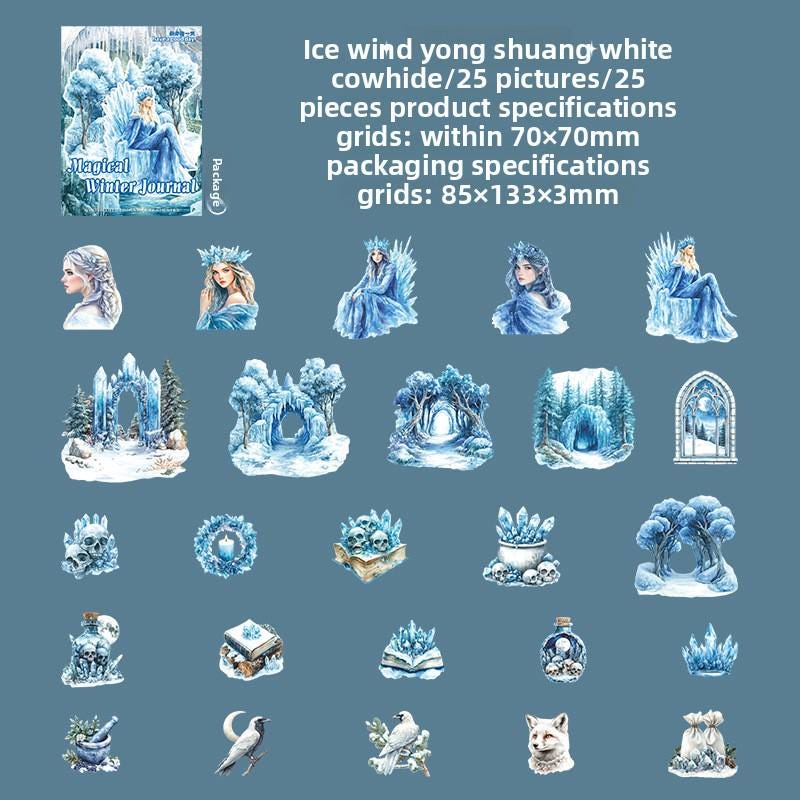 Magical Winter PET Sticker Pack • 25 Stickers • Fantasy Winter Girls, Castles & White Tigers
