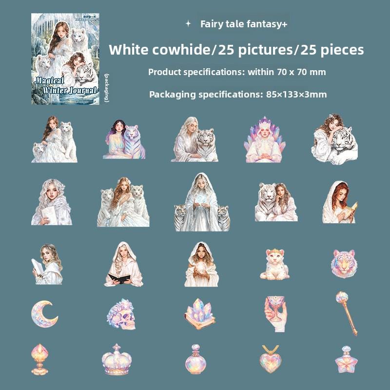 Magical Winter PET Sticker Pack • 25 Stickers • Fantasy Winter Girls, Castles & White Tigers