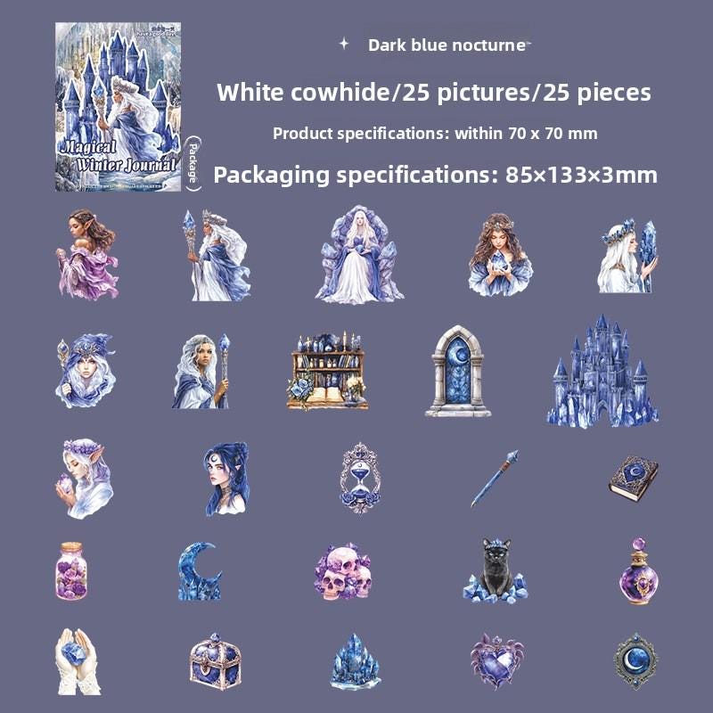 Magical Winter PET Sticker Pack • 25 Stickers • Fantasy Winter Girls, Castles & White Tigers