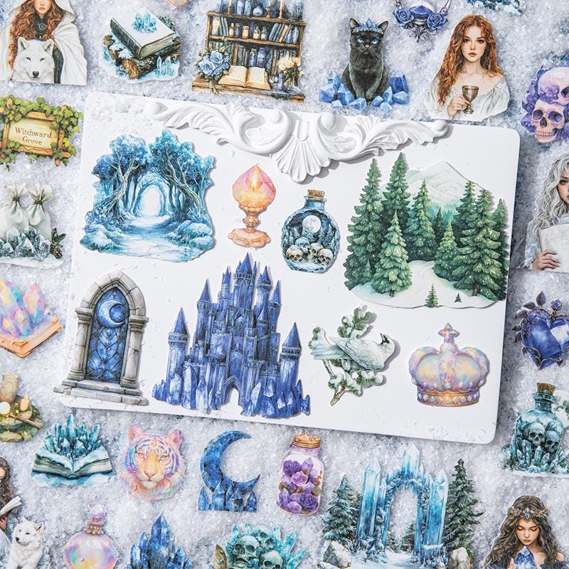 Magical Winter PET Sticker Pack • 25 Stickers • Fantasy Winter Girls, Castles & White Tigers
