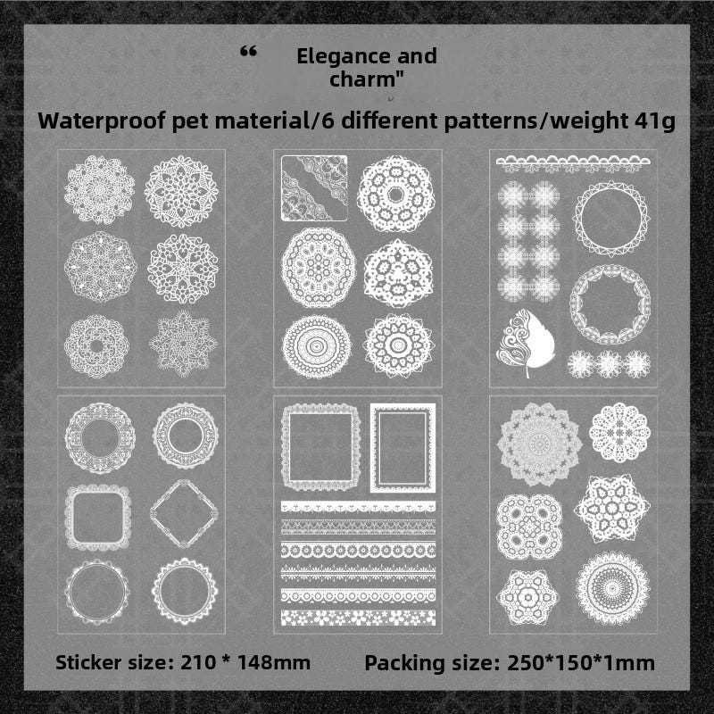 Lace PET Sticker Set • 6 Sheets • White Doilies, Frames & Borders