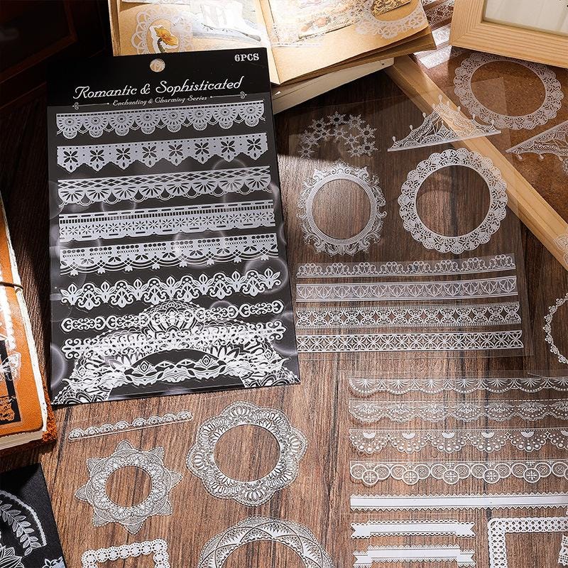 Lace PET Sticker Set • 6 Sheets • White Doilies, Frames & Borders