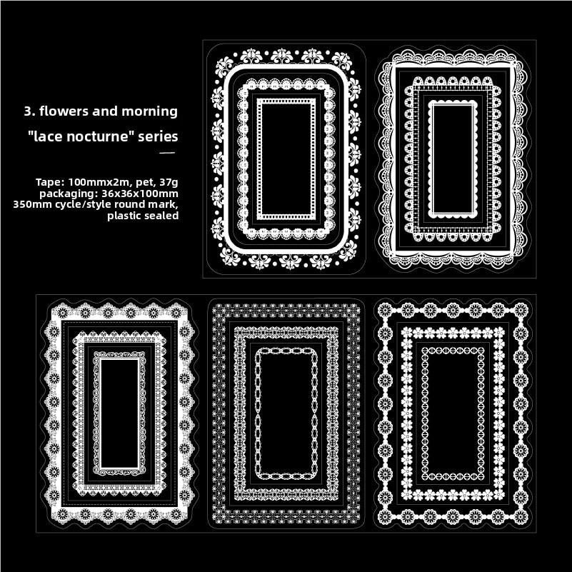 Lace Nocturne Pre-cut PET Tape • 100mm × 2m • White Lace Frames & Borders