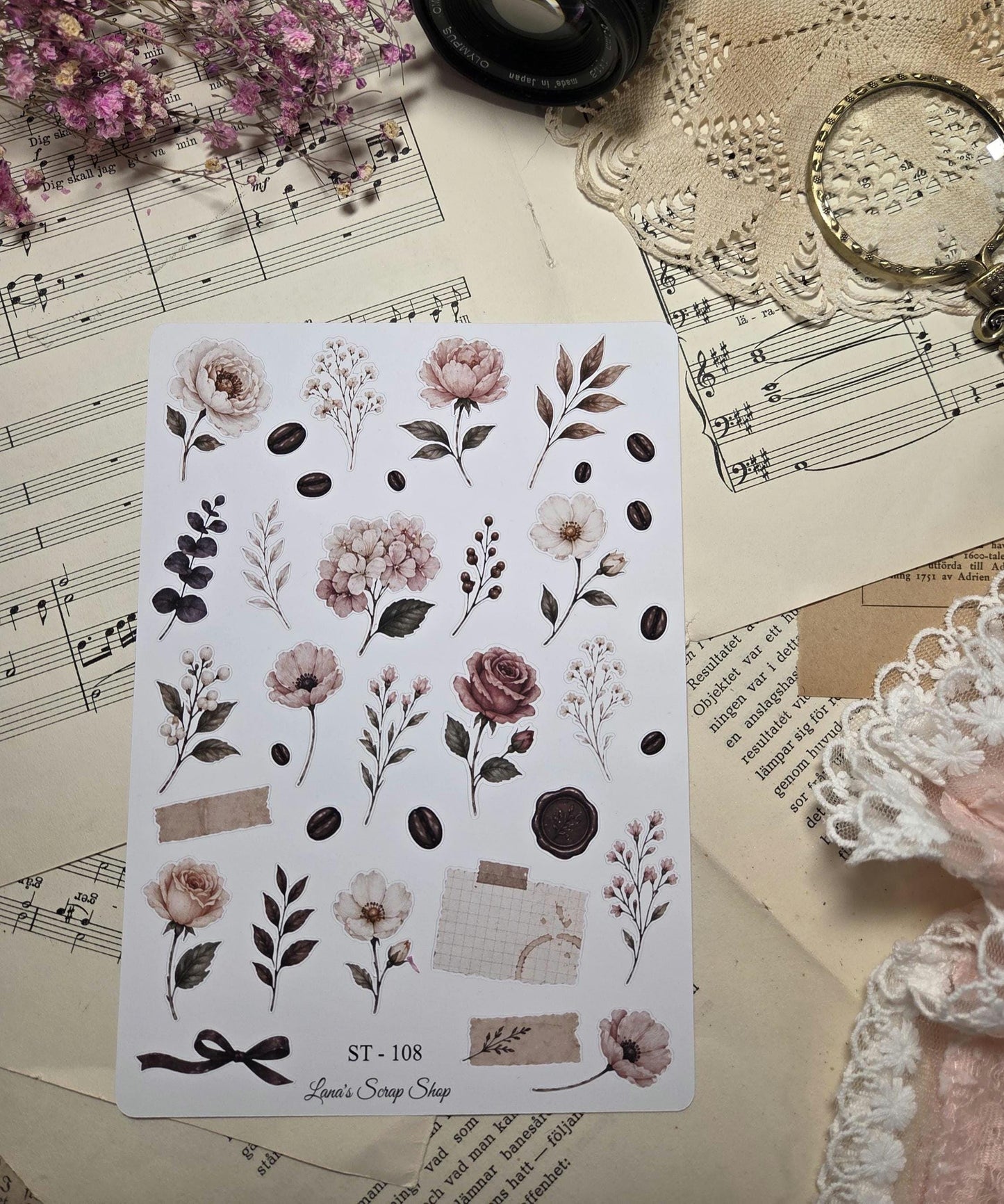 Coffee Bloom Botanicals, Stickers Sheet | Scrapbooking & Journaling