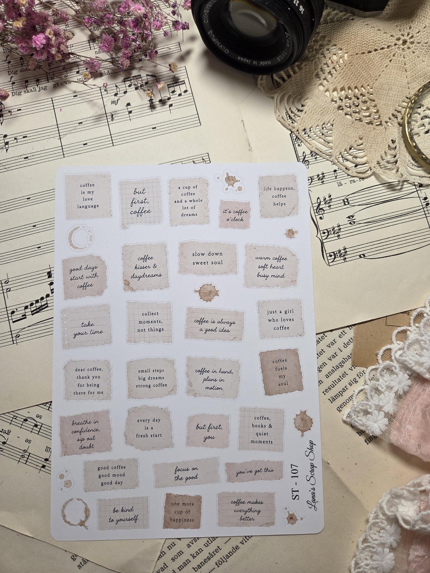 Soft Coffee Quotes, Stickers Sheet | Scrapbooking & Journaling