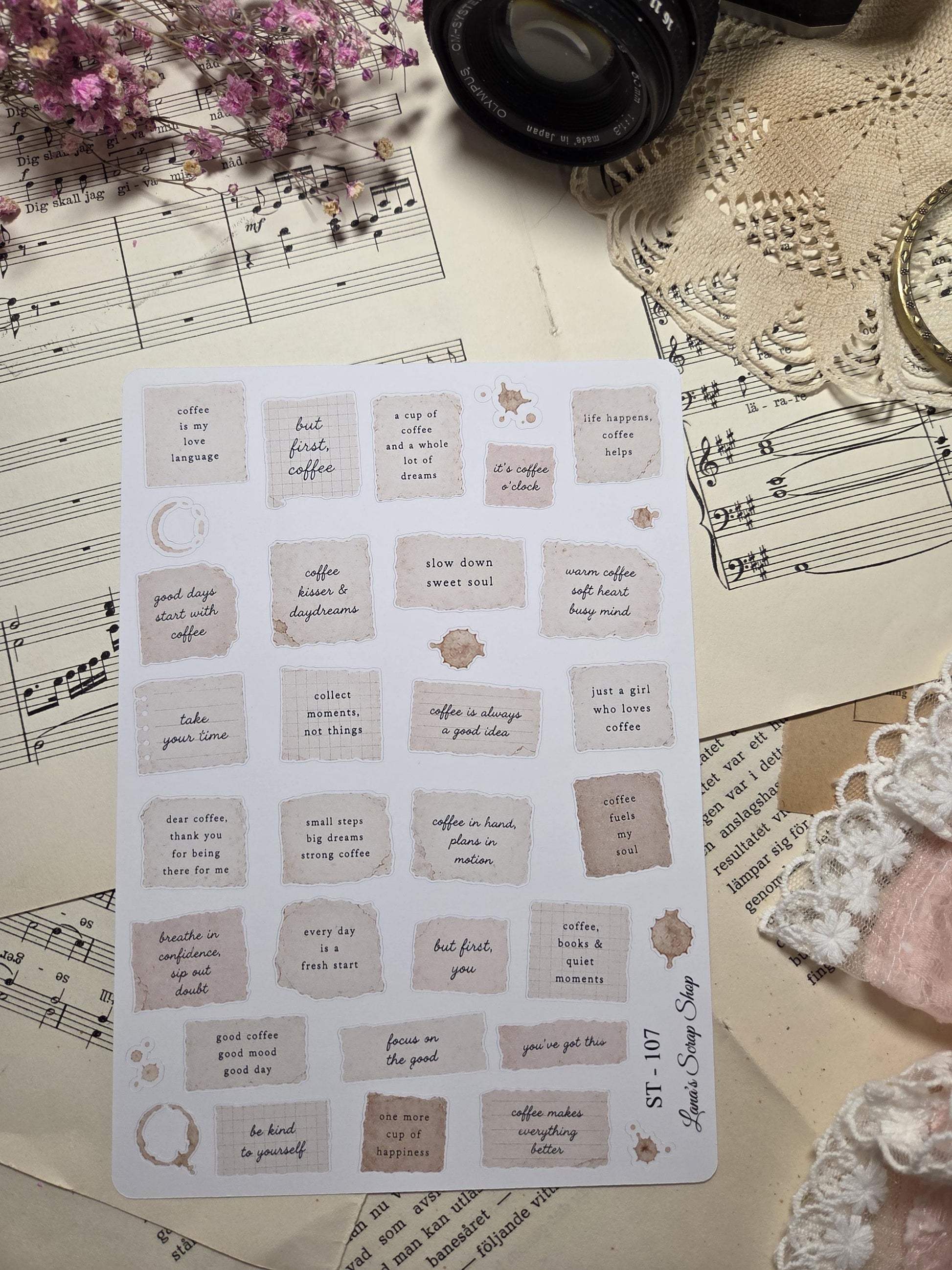 Soft Coffee Quotes, Stickers Sheet | Scrapbooking & Journaling