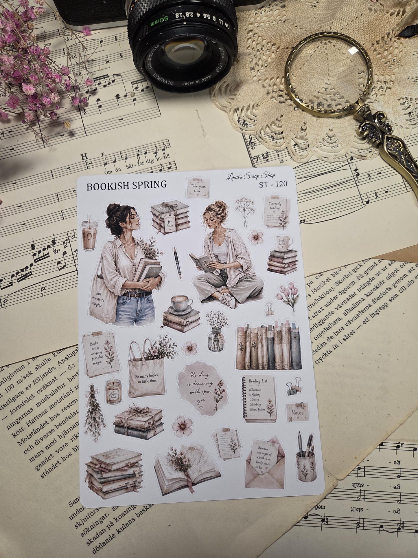 A sticker sheet labelled "BOOKISH SPRING" with illustrations of books, flowers, and women reading. The sheet includes the text "Reading is dreaming with open eyes" and "So many books, so little time."