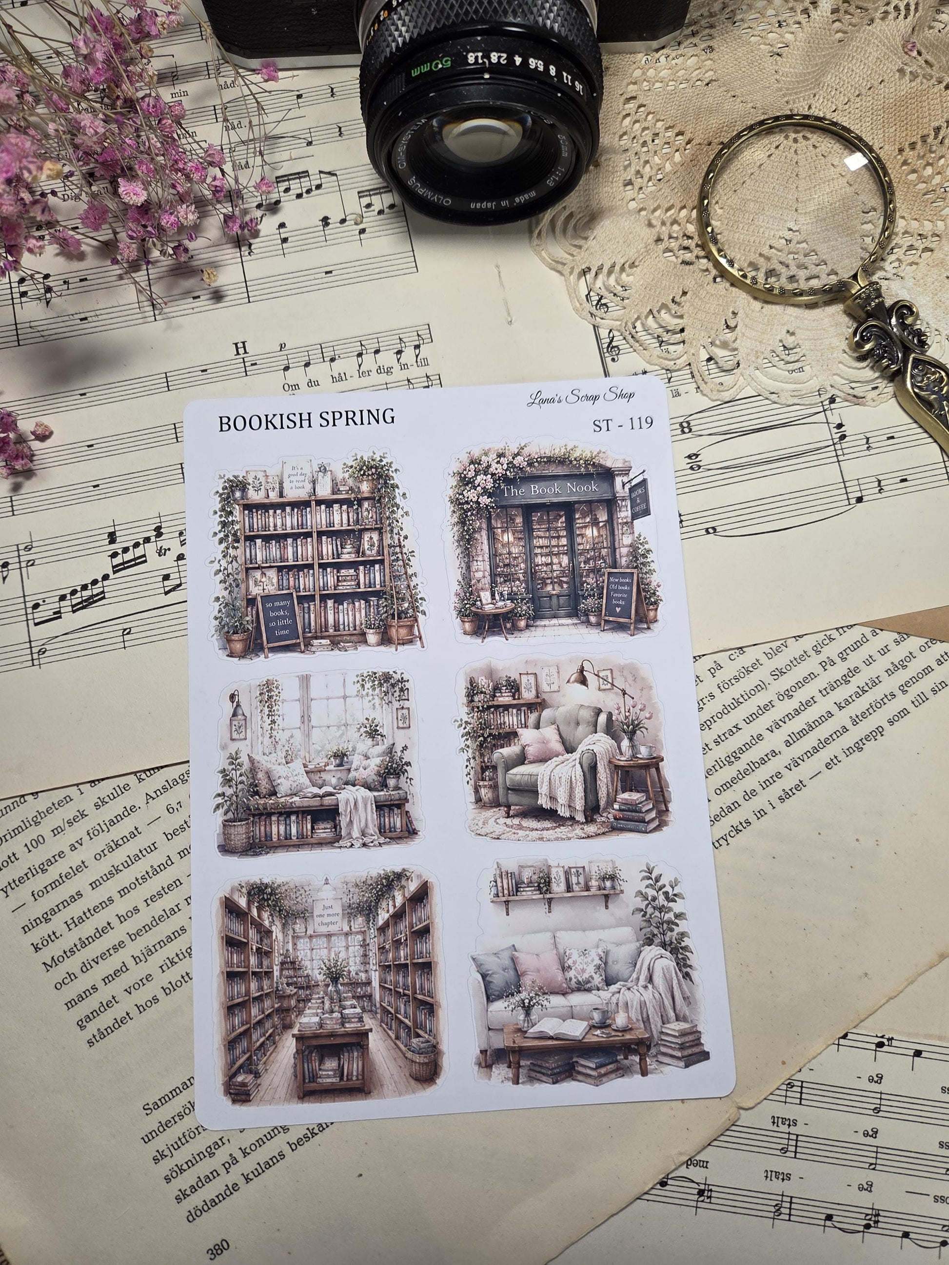 A sticker sheet with six watercolour illustrations of reading spaces, such as libraries and reading nooks. The sheet is labelled "Bookish Spring" and includes the text "Lana's Scrap Shop ST-119".
