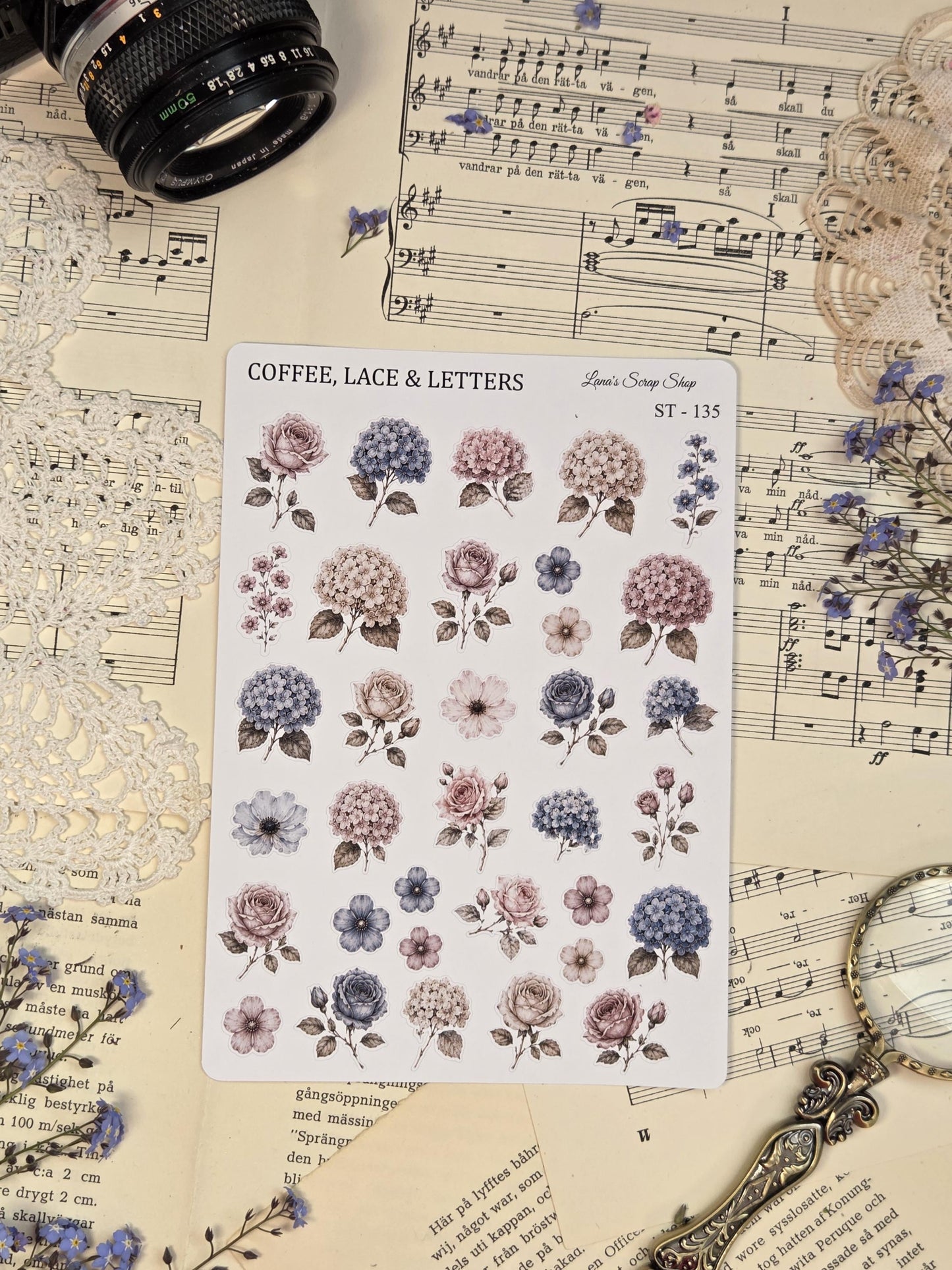 Floral vintage sticker sheet with hydrangeas, roses, and romantic botanical illustrations inspired by cottage-core and antique stationery aesthetics.