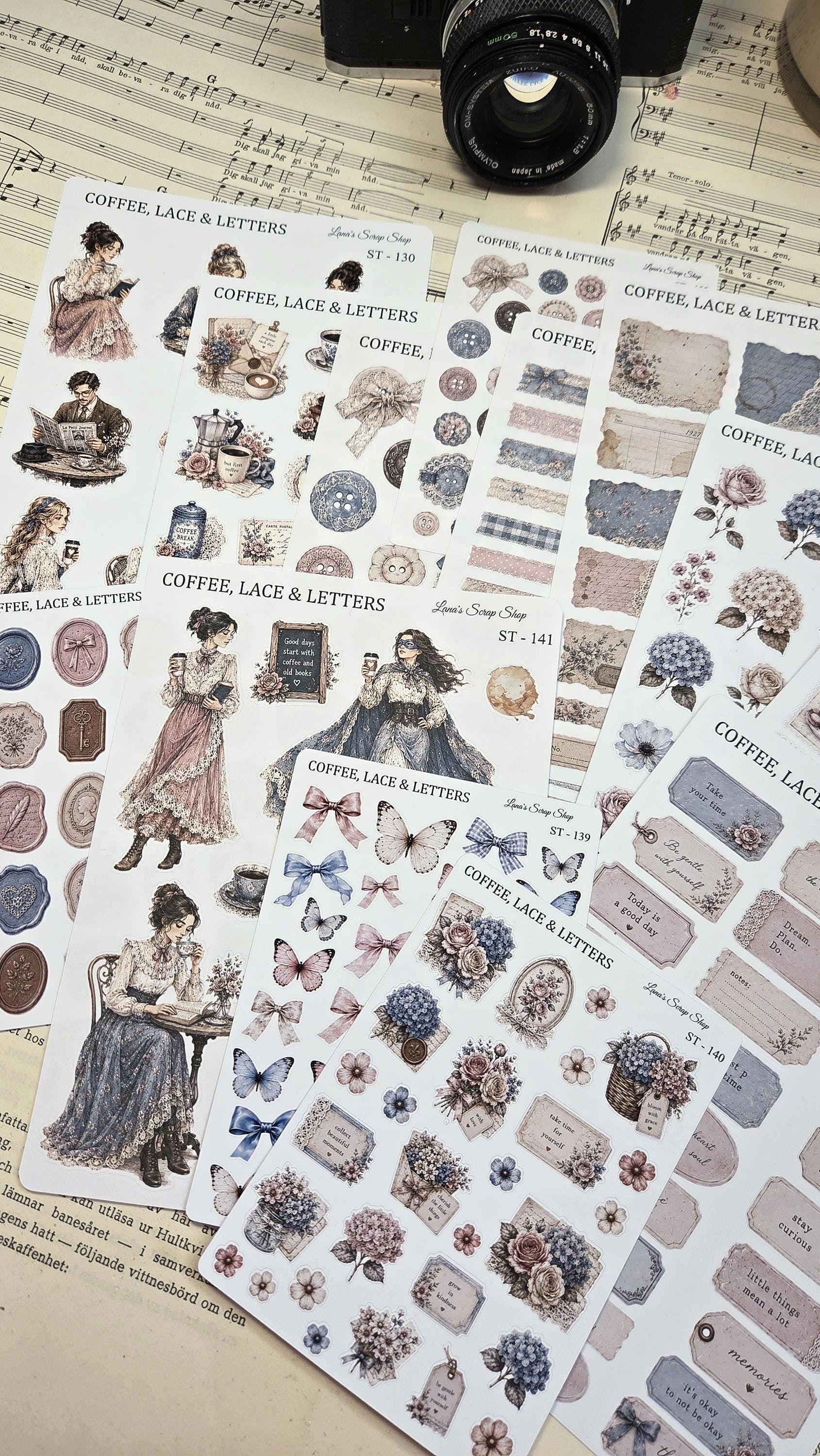 Vintage-inspired journaling sticker sheet collection featuring elegant women, coffee themes, lace details, florals, butterflies, bows, stamps, wax seals, and romantic stationery elements in soft dusty blue and blush tones.