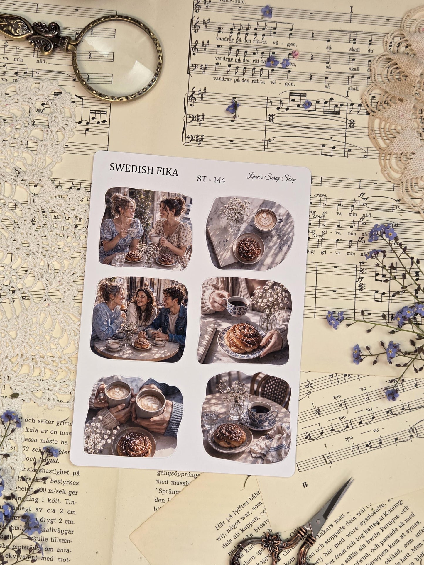 Cozy Swedish café sticker sheet with coffee moments, pastries, cinnamon buns, books, flowers, and Scandinavian lifestyle illustrations in soft dusty blue tones.
