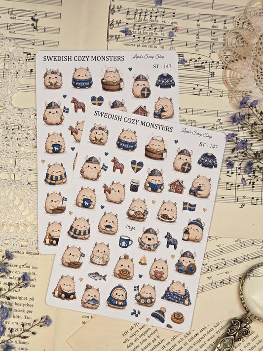 Cute Scandinavian monster sticker sheet with fluffy cozy creatures, Viking helmets, Swedish flags, dala horses, cinnamon buns, and soft Nordic winter details for journaling.