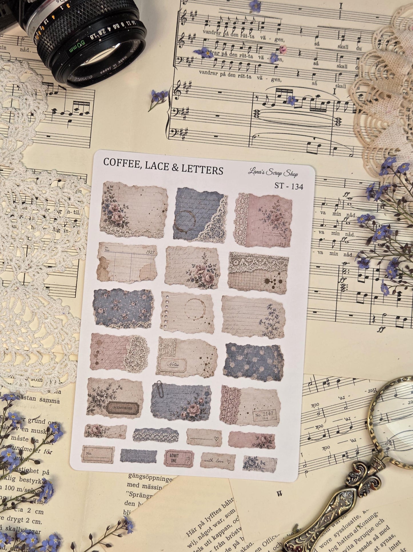 Vintage paper texture stickers with layered papers, torn edges, lace details, and soft romantic backgrounds for journaling and collage spreads.