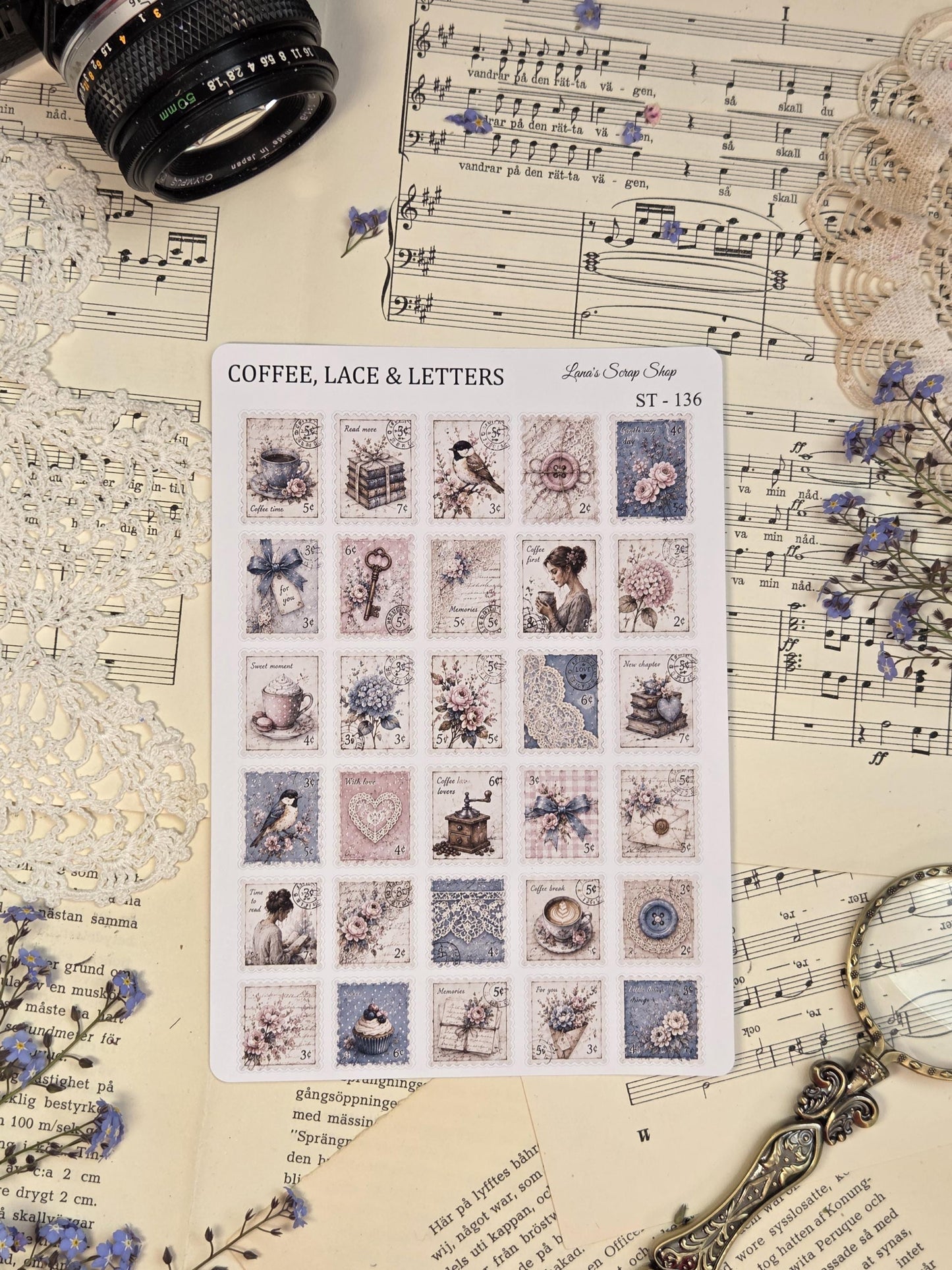Elegant postage stamp sticker sheet with vintage-inspired stamps, coffee themes, florals, and romantic stationery illustrations for journaling and mail art.