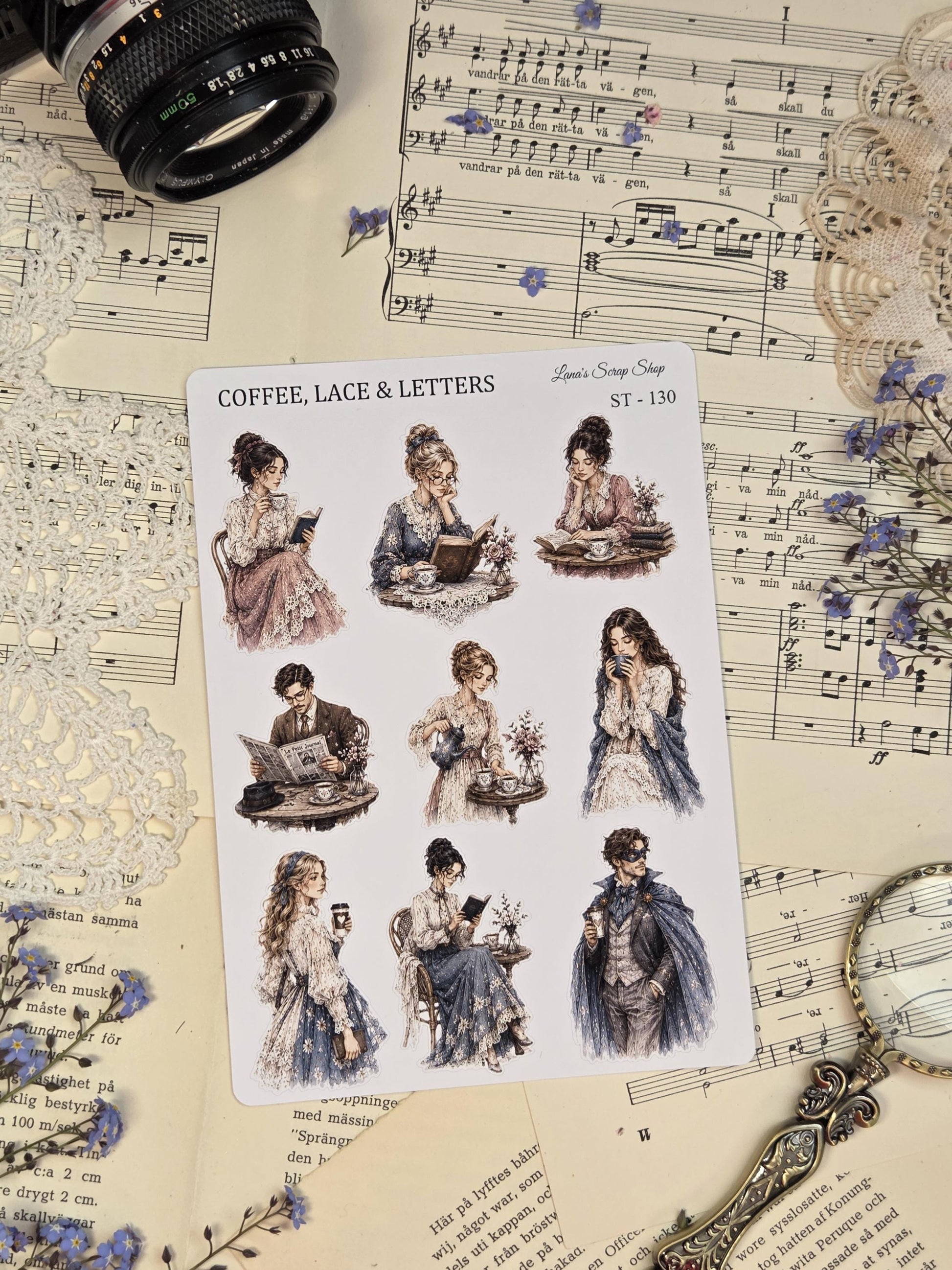 Romantic vintage-inspired sticker sheet with elegant women, coffee cups, books, and lace fashion details in dusty blue and antique rose tones for journaling.