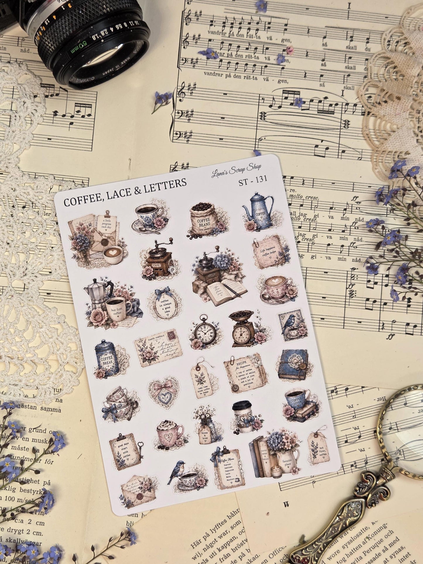 Cozy café inspired sticker sheet with coffee illustrations, vintage cups, flowers, and warm romantic stationery aesthetics in muted neutral tones.