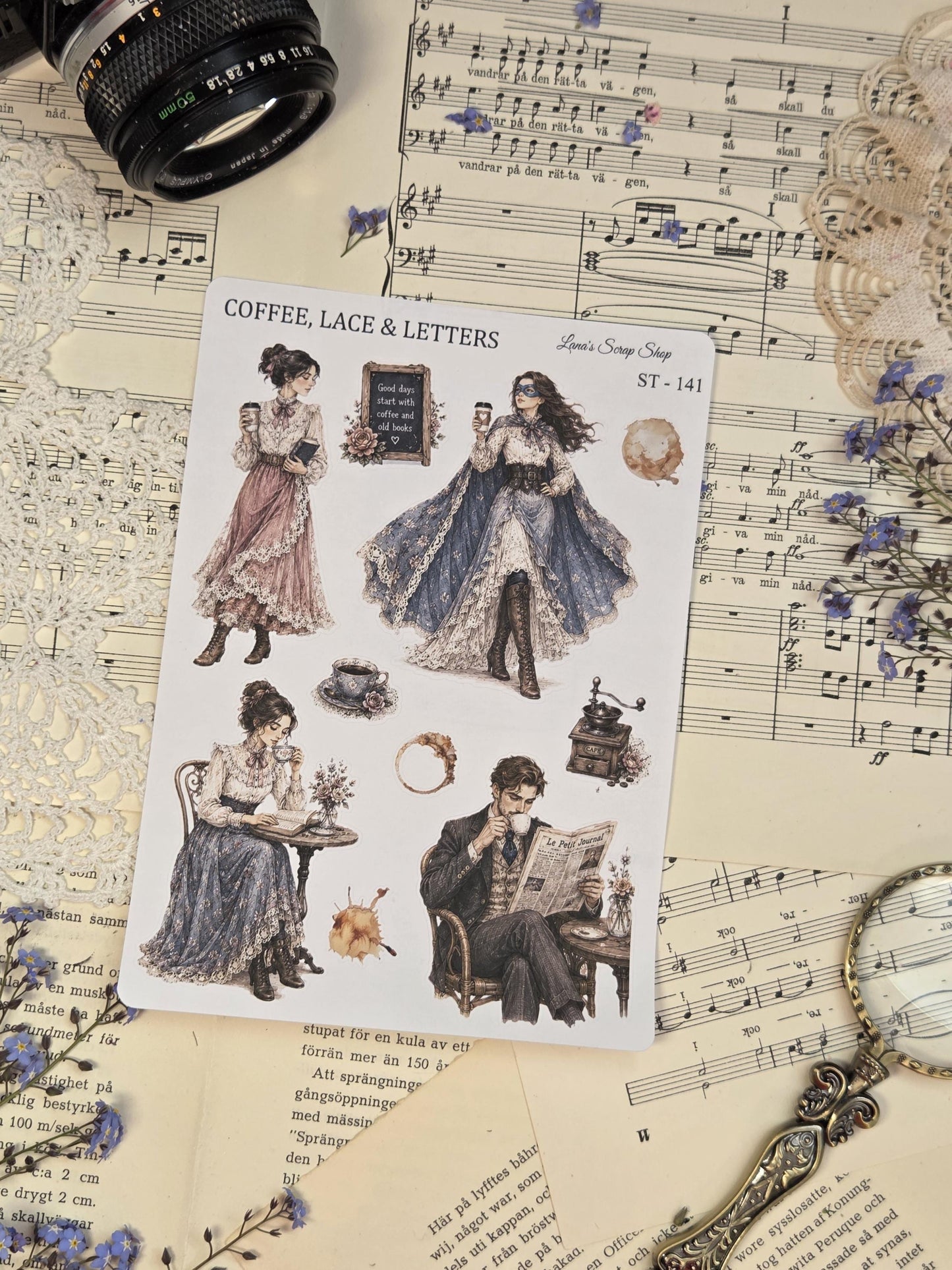 Romantic vintage café sticker sheet featuring elegant modern women, coffee moments, books, flowers, and cozy old-world inspired journaling aesthetics.
