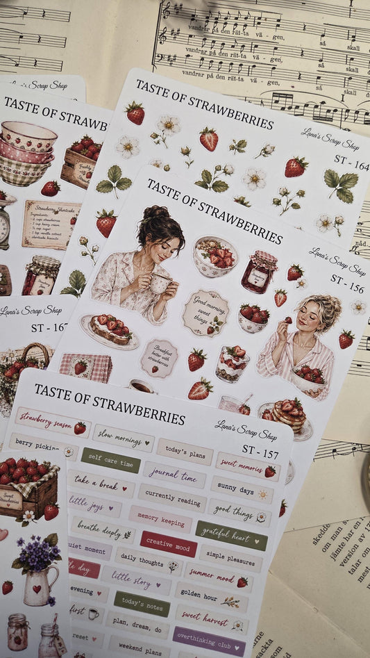 Strawberry illustrations, jam jars, teacups, cozy phrases and cottage garden details stickers.