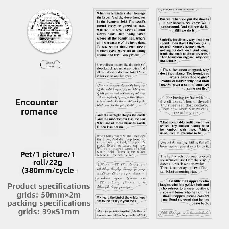 PRE Cut Romantic Letter English Text PET Tape – 2 m Roll