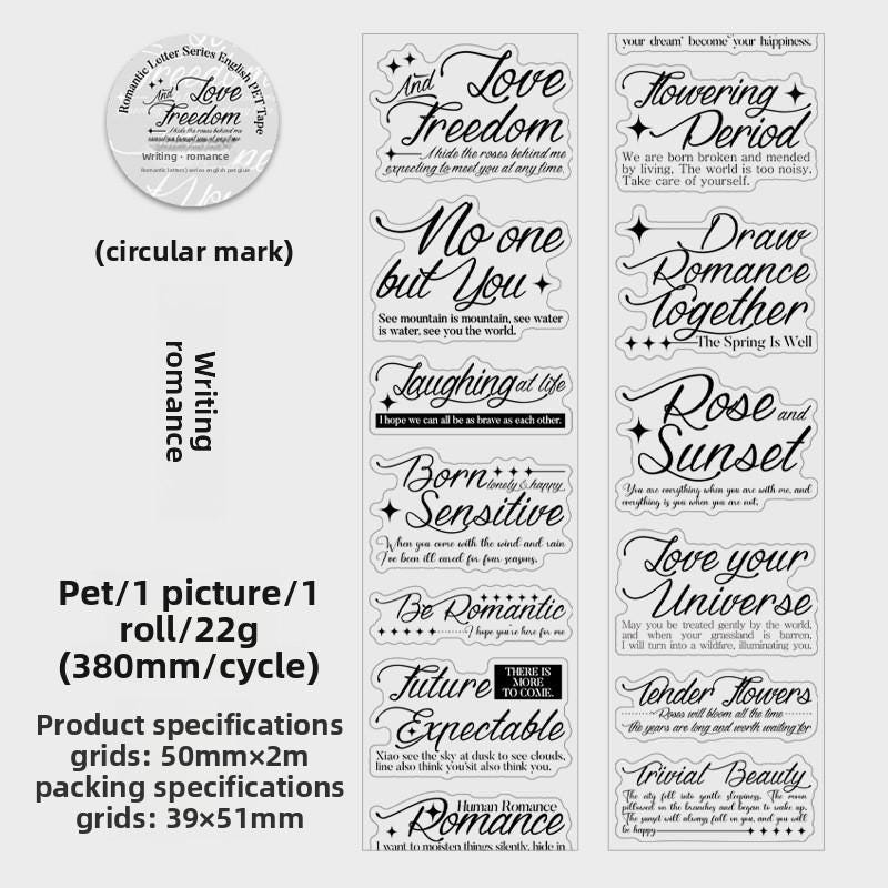 PRE Cut Romantic Letter English Text PET Tape – 2 m Roll
