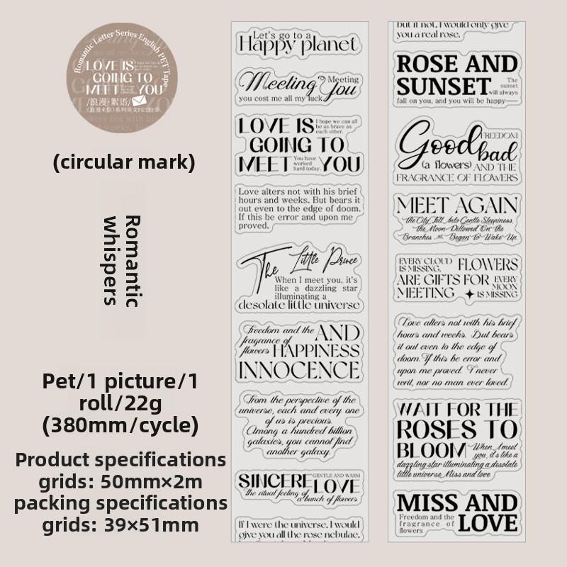 PRE Cut Romantic Letter English Text PET Tape – 2 m Roll