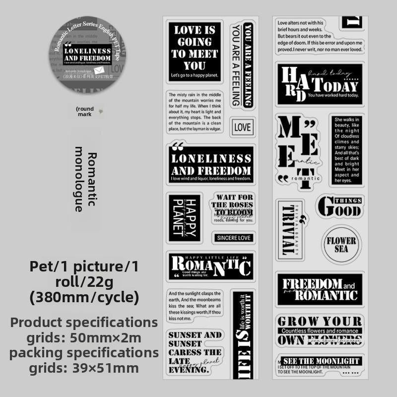 PRE Cut Romantic Letter English Text PET Tape – 2 m Roll